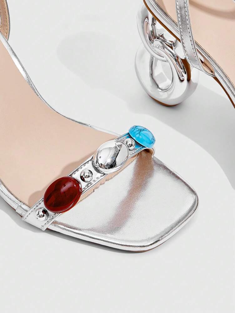 CUCCOO SZL Women's Square Toe Thick High Heel Sandals, Stylish Rhinestone Decor, Comfortable Outdoor And Party Wear