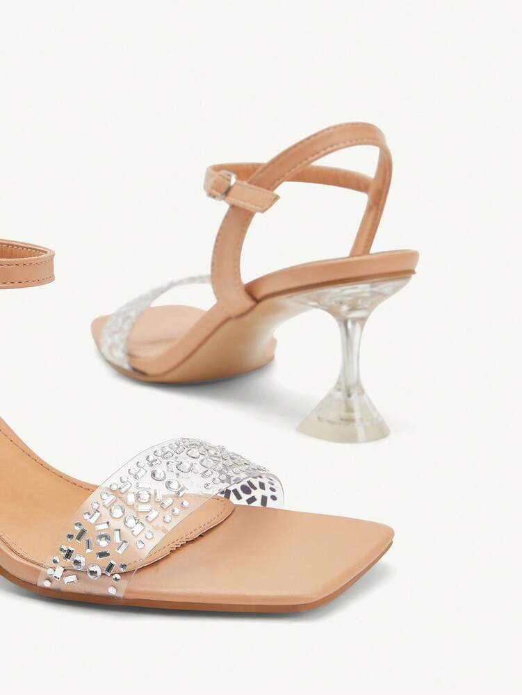 CUCCOO CHICEST Women's Pointed Toe Ankle Strap Glass Crystal Embellished Apricot High Heel Sandals