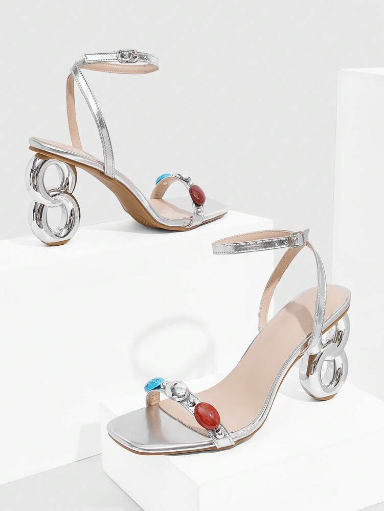 CUCCOO SZL Women's Square Toe Thick High Heel Sandals, Stylish Rhinestone Decor, Comfortable Outdoor And Party Wear