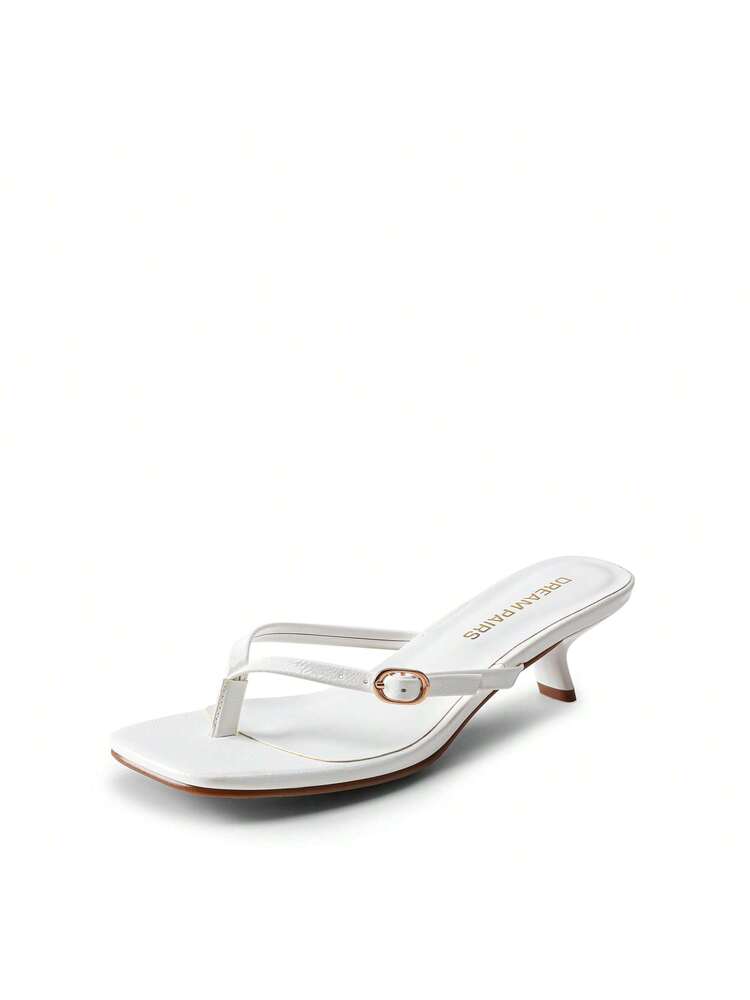 Women’s Woven Thong Kitten Heel Sandals – Square Open Toe Slip-On Slides (Nude)
