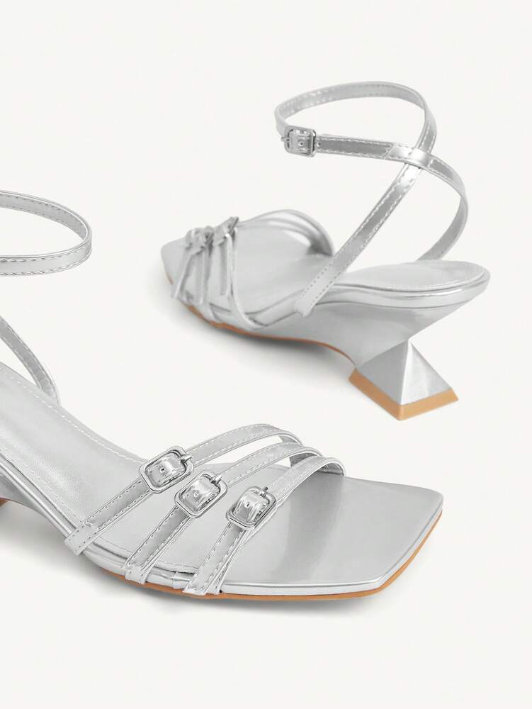 CUCCOO CHICEST Women's Silver Wedge Heel Sandals with Square Toe and Buckle Straps