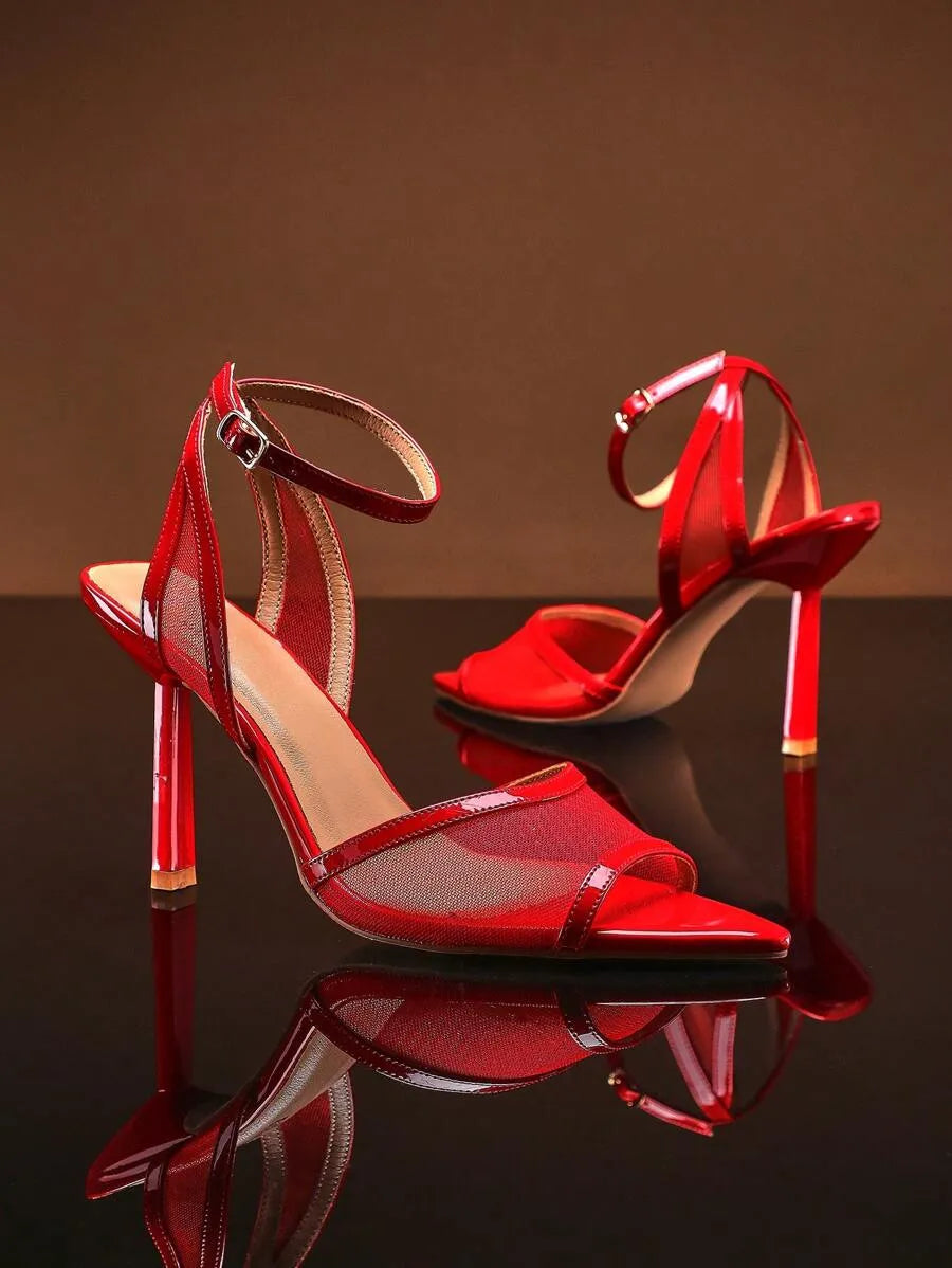 SHUZIA Women Burgundy Elegant Ankle Strappy Sexy Mesh Stiletto High Heeled Sandals
