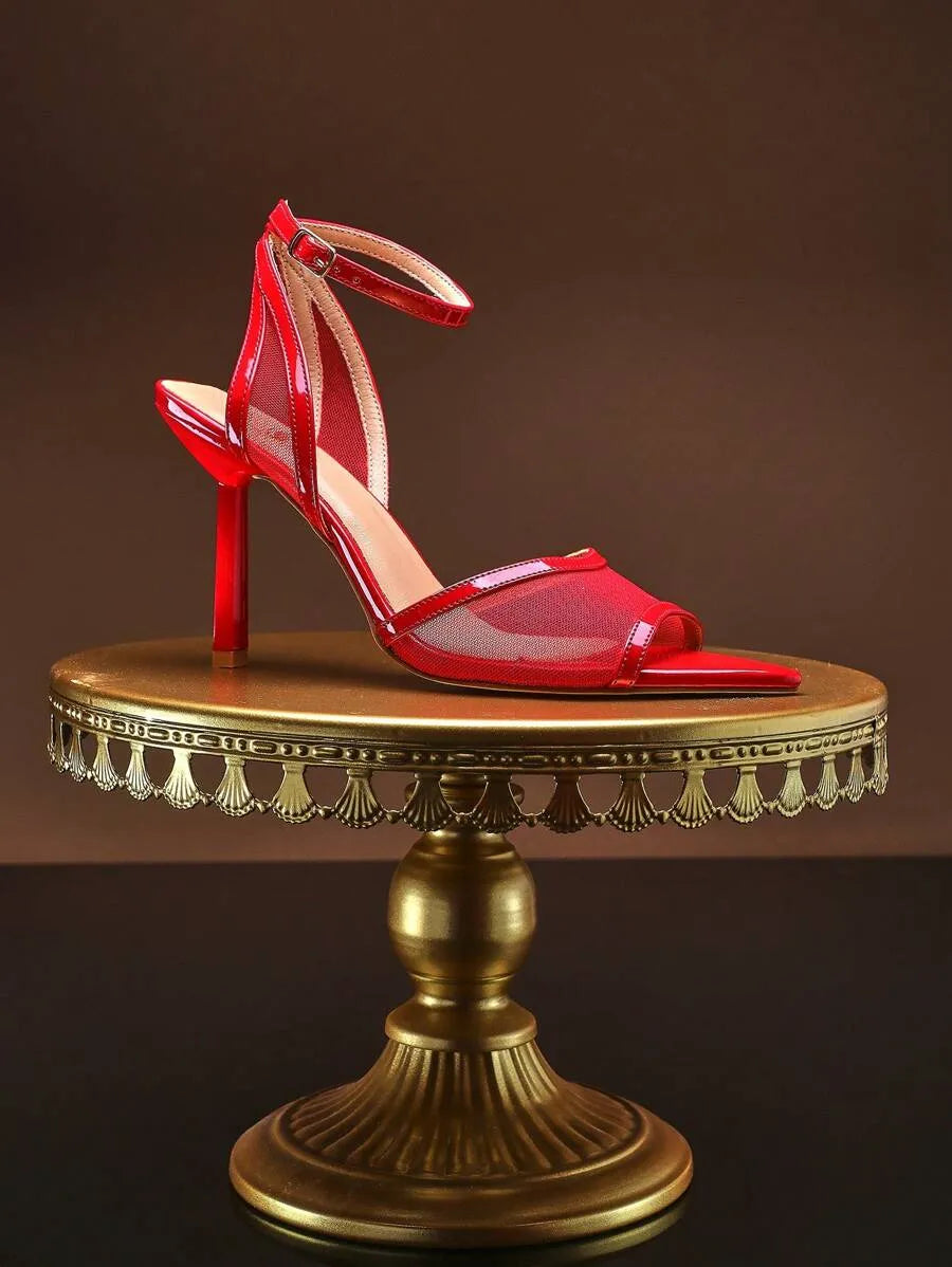 SHUZIA Women Burgundy Elegant Ankle Strappy Sexy Mesh Stiletto High Heeled Sandals